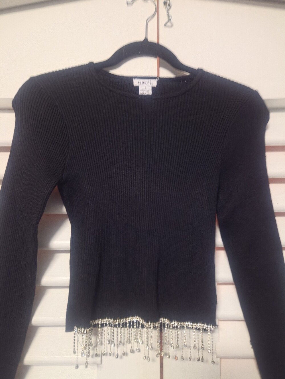 Rue21 Black Ribbed Long Sleeve Top with Beaded Fringe
